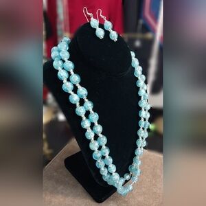 Blue Glass Bead Double Strand Necklace and Fish Hook Dangle Earrings Set